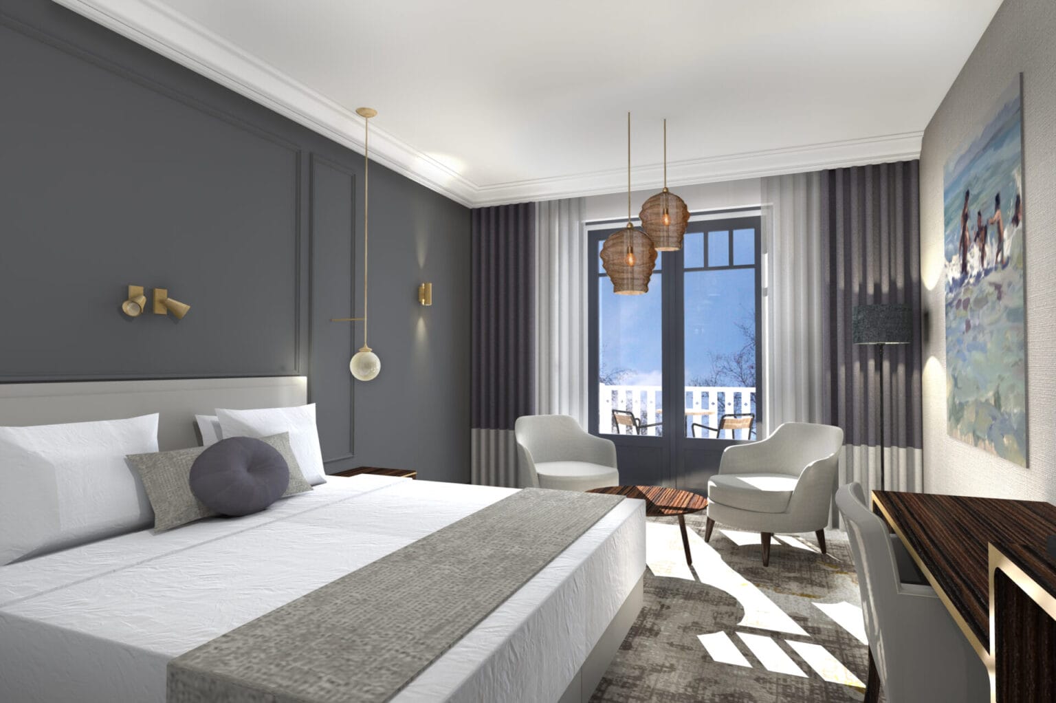 GlobalFacilities ontwerp hotelkamer kleurenpallet grijs donker hout maatwerkmeubel