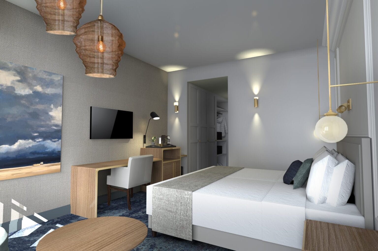 GlobalFacilities ontwerp hotelkamer licht hout en blauwe tapijttegels