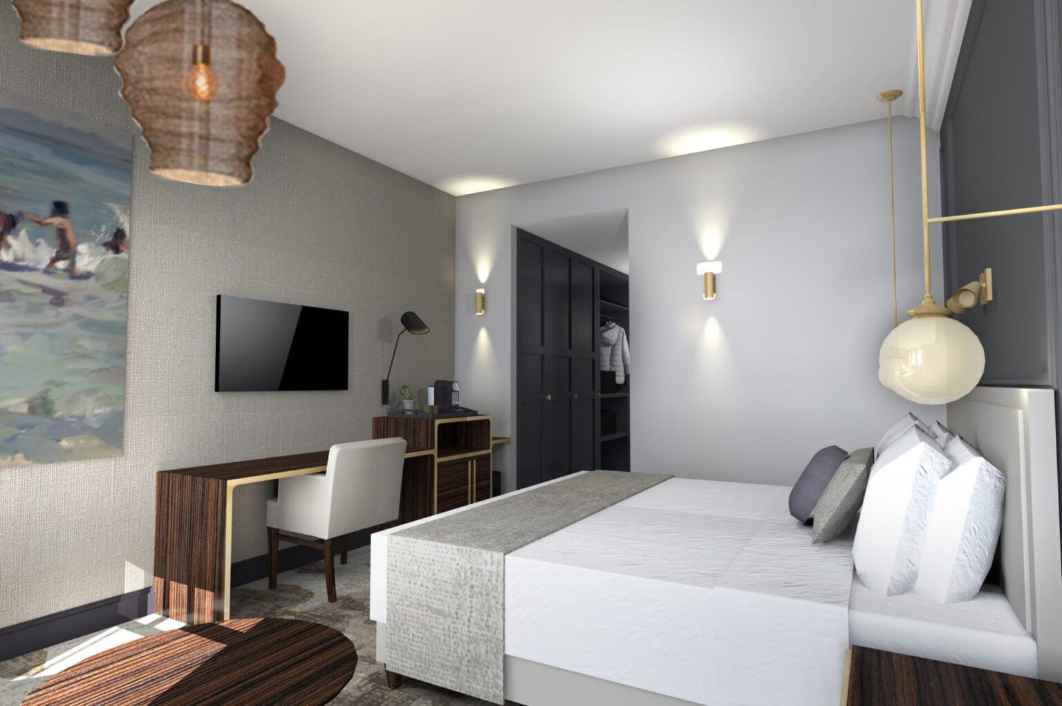 GlobalFacilities ontwerp hotelkamer met inbouwkastenwand donker grijs maatwerk