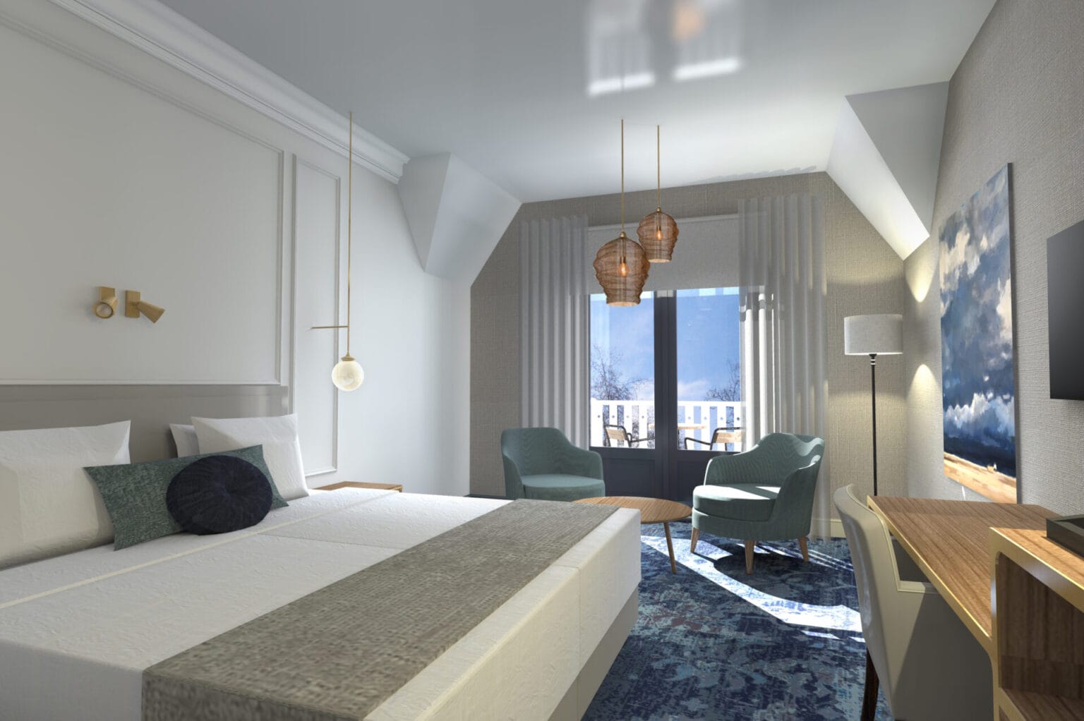 GlobalFacilities ontwerp hotelkamer met inbouwkastenwand maatwerk blauw