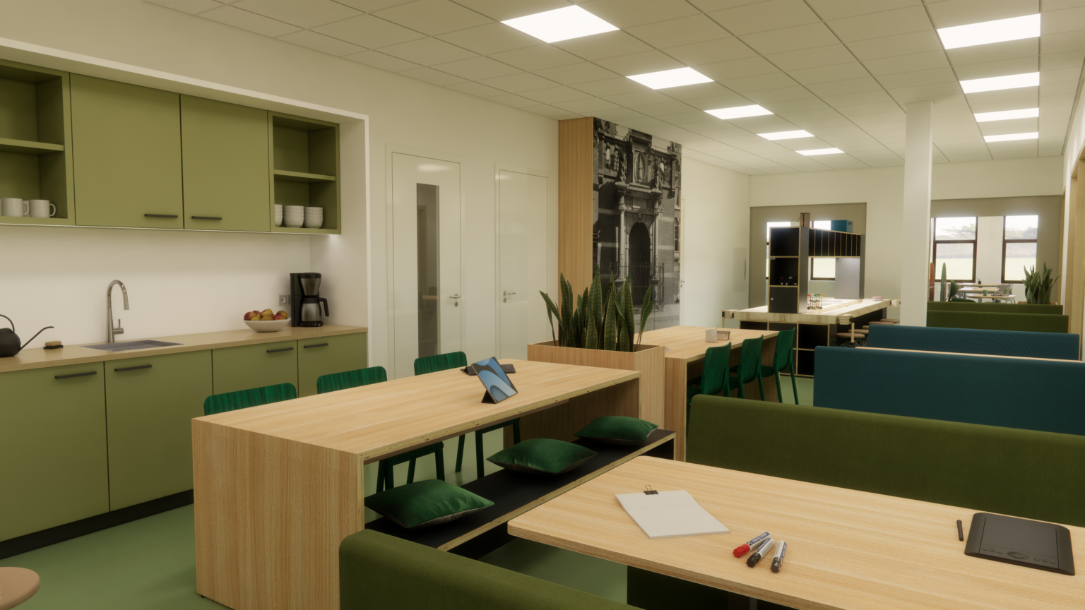 Ontwerp interieur school Yulius houten tafels 060