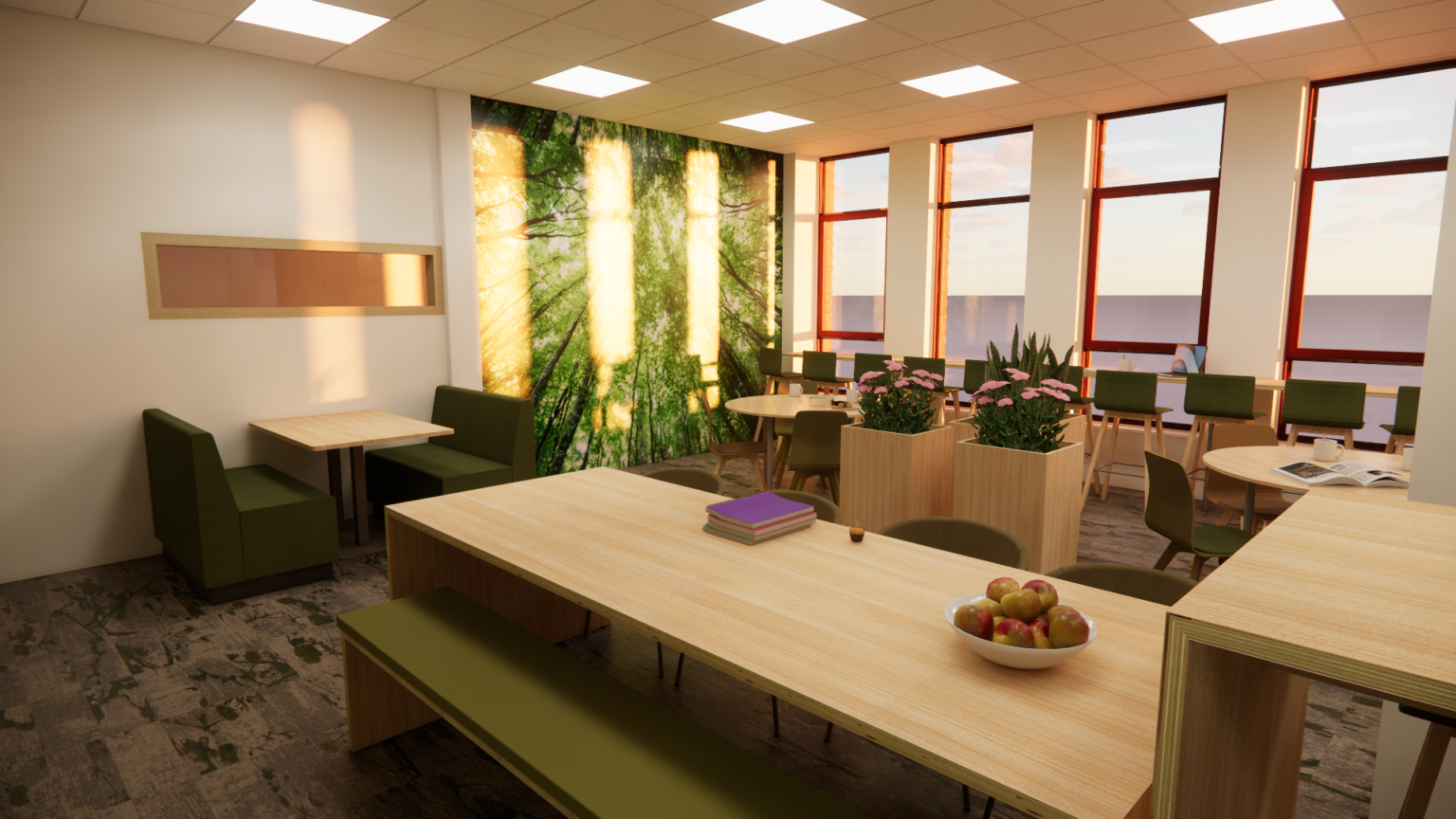 Ontwerp school Yulius personeelskamer houten tafel en banken